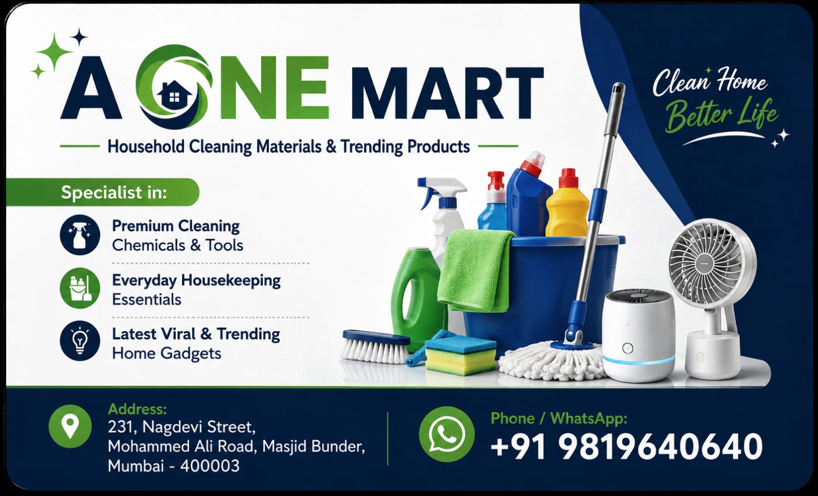 A One Mart household cleaning products and home gadgets